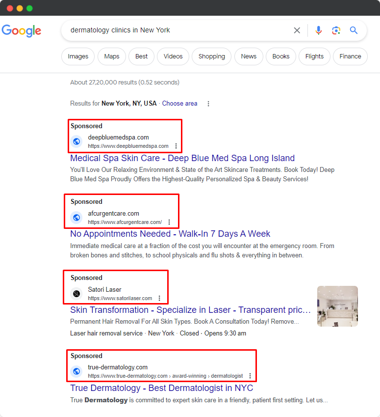 dermatology clinics serp ads example