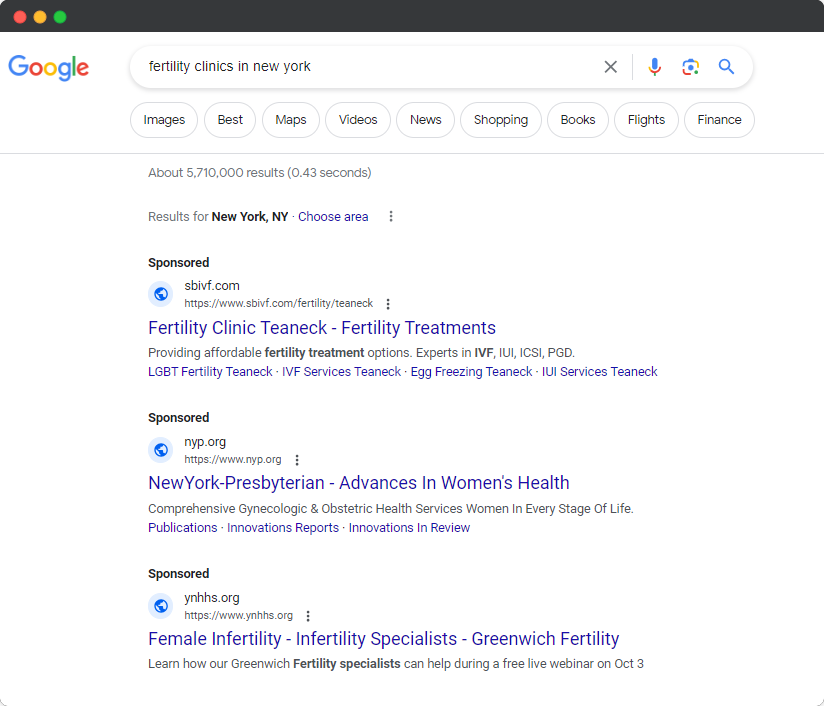 fertility clinic google ad