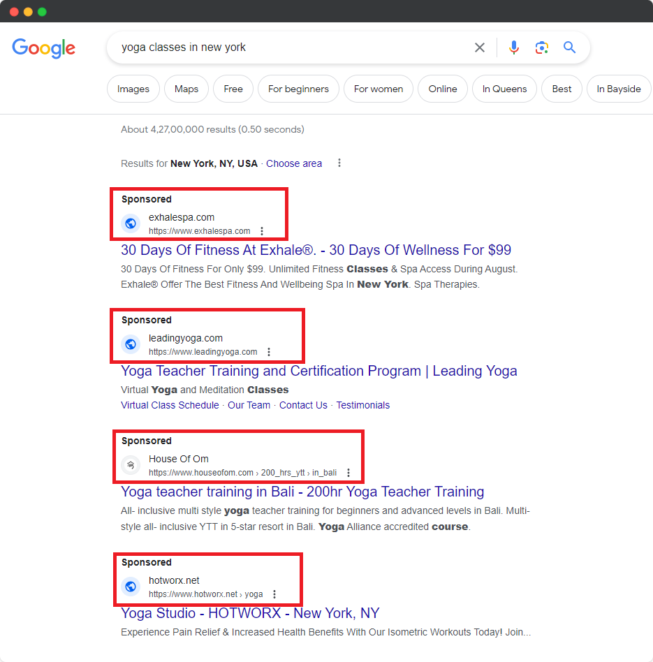 yoga classes google ads example