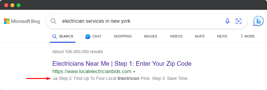 bing - electrician ads example