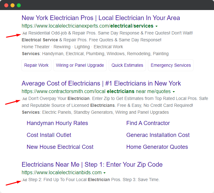 bing - electrician bing ads example