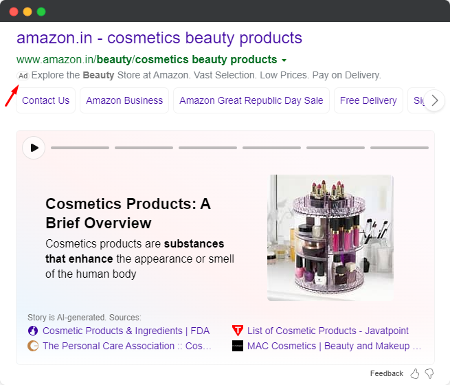 cosmetics bing ads example