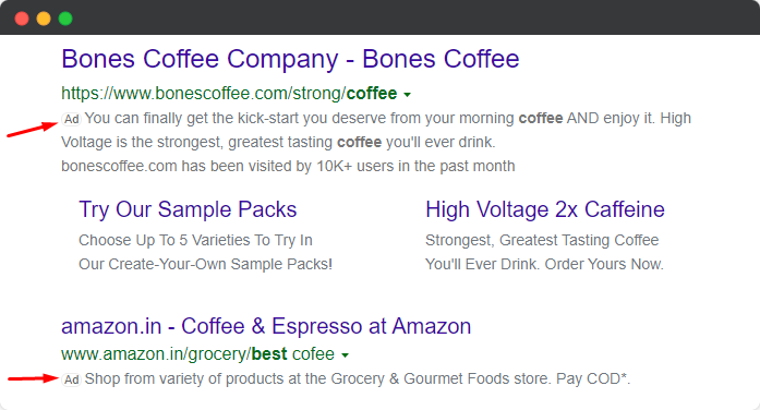food and beverage bing ads example