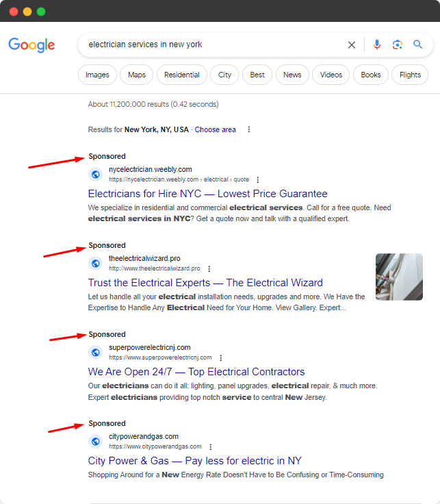 google - electrician ppc ads example