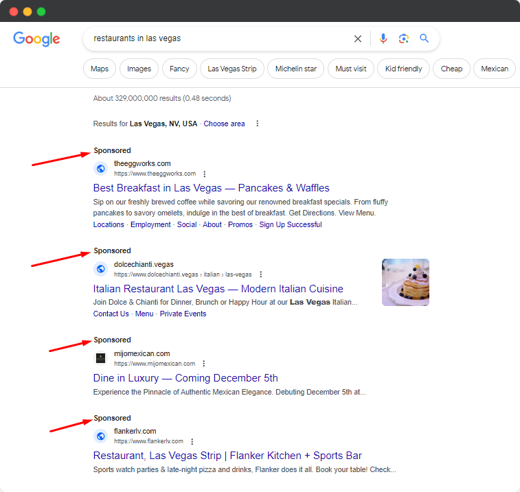 google - local restaurant ppc example